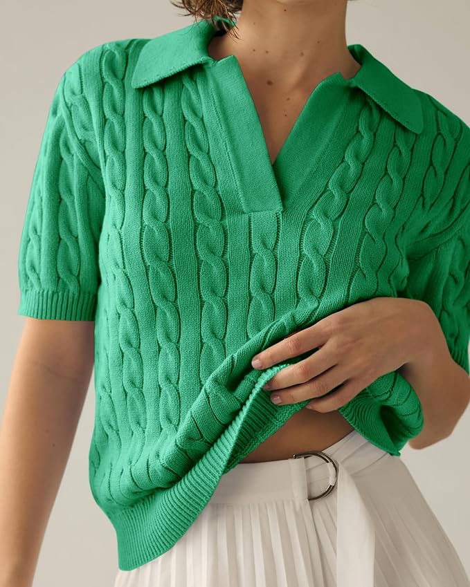 Imily Bela Womens Cable Short Sleeve Sweaters Tops Lapel V Neck Knit Shirt | Solid,Knit Casual,Soft Pullover,Fall Sweaters,Womens Summer Work Tops