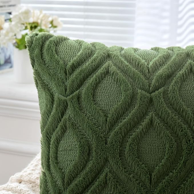 MIULEE Moss Green Soft Plush Faux Wool Throw Pillow Covers 18x18 | Set of 2, Farmhouse Boho Home Decor, Decorative Cushion Covers for Sofa, Living Room, Bed