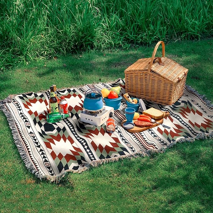 Lqprom Aztec Southwestern Throw Blanket,Native American Cover 51"x63" | Southwest Boho Style,Sofa Chair Cover,Outdoor Beach Car Tent Travel Camping Use,Reversible and lightweight,Tapestry,Tassels