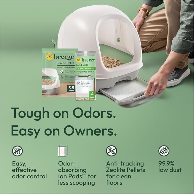 Purina Tidy Cats Breeze Covered Cat Litter Box System Kit | Hooded litter box with scoop, plus Zeolite pellets and cat litter pads, easy-to-use kit for odor control