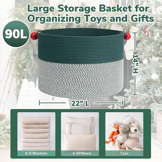 Goodpick Large Storage Basket 22" x 14", Woven Baby Storage for Blanket Living Room, Laundry Organizer for Clothes, Toys, Christmas Basket for Gifts, Green