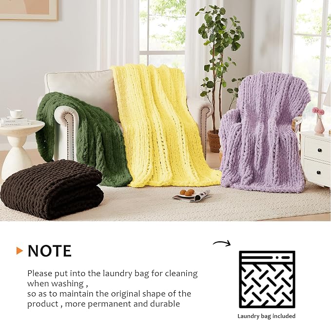 L'AGRATY Chunky Knit Throw Blanket for Couch, 60 x 80 Inches, Moss Green | Handmade Chenille Crochet Blanket for Sofa Bed, Thick Cable Knitted Blankets for Room Home Decor, Birthday Gift for Women Mom
