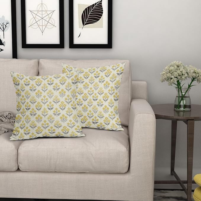 Yellow Grey Gray Floral Pillow Covers 22x22 Inch Set of 2, Vintage Flower Block Print Pattern Decorative Throw Pillowcases Outdoor Farmhouse Cushion Covers Spring Summer Rustic Sofa Couch Bed Decor