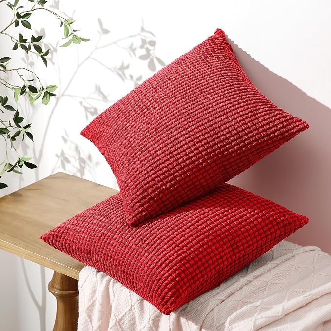 Softalker Corduroy Decorative Throw Pillow Covers 18x18, Set of 2, Red | Soft Boho Striped Pillow Cases, Couch Fluffy Cushion Covers for Farmhouse Home Decor Bed Living Room