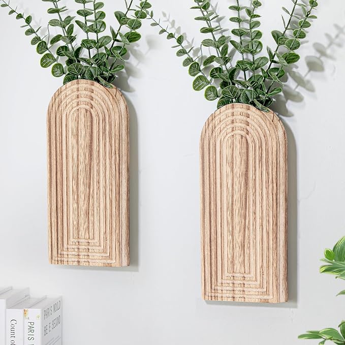 Handmade Wooden Wall Vases Set of 2 for Plants | Boho Rustic Farmhouse Decor for Indoor Artificial Plants and Flowers. Perfect for Living Room, Bedroom, Bathroom, or Patio