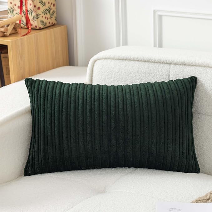 UGASA Christmas Velvet 12x20 Inch Lumbar Soft Throw Pillow Cover Boho Striped Decorative Both Sides Solid Rectangular Cushion Case for Couch Bedroom Sofa Home, 1 Piece, Dark Green