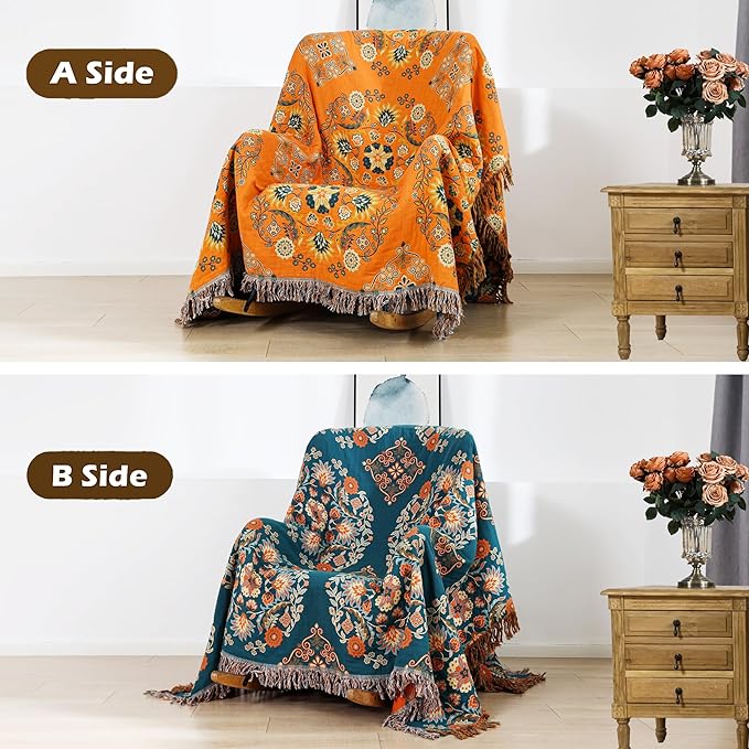 VANJOROY Boho Large Throw Blanket, 100% Organic Cotton Breathable Soft Bed Throw - Floral Farmhouse Decor Blanket for Sofa Couch Chair and Gift. 91" x 98"- Orange