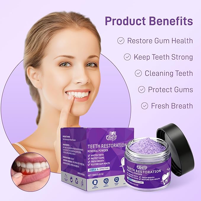 Teeth Restoration Mineral Powder,Teeth Whitening Mineral Tooth Powder,Effective in Strengthening Teeth and Gums, Dental Restoration, Fresh Breath for Daily Use 100g