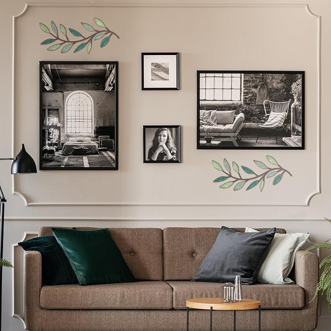 Zhengmy 2 Pcs Metal Leaf Wall Art Vine Branch Decor,Gradient Green | Olive Branch Metal Decor for Living Room Hallway, Symmetrical Leaf Pair for Doorway Entryway, Lightweight Hanging Art Design