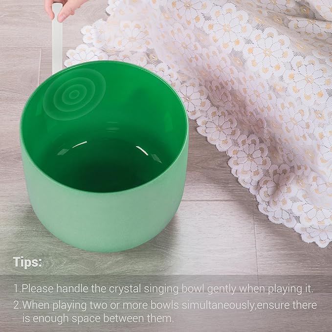 432hz 8 inch Green F Note Heart Chakra Quartz Crystal Singing Bowl with Resonance Striker for Healing Mindfulness Meditation Yoga Sound Baths