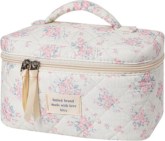 uekeboag Large Travel Quilted Makeup Bag for Women, Floral Cotton Cosmetic Bag, Coquette Aesthetic Floral Toiletry Organizer Bag