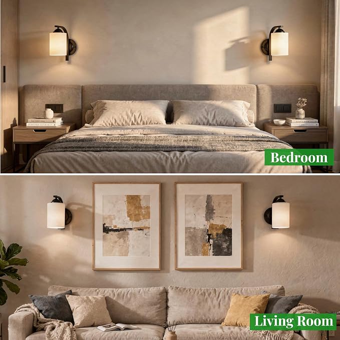 2-Pack Wall Sconces for Bedroom and Bathroom, Matte Black Farmhouse Wall Light Fixtures with Glass Shade, Modern Vanity Wall Lamps for Living Room, Hallway, Kitchen