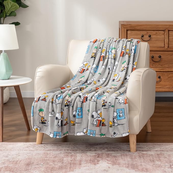 Berkshire Blanket Peanuts® VelvetLoft® Cute Character Snoopy Plush Oversized Throw Blanket, Peanuts Snoopy's Art Class Grey (50in x 60in)
