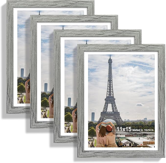 Hongkee 11x15 Picture Frame Set of 4, Made of Real Glass and Grey Frame - Display Picture 10x14 with Mat or 11x15 Without Mat, 11 by 15 Photo for Wall Mounting