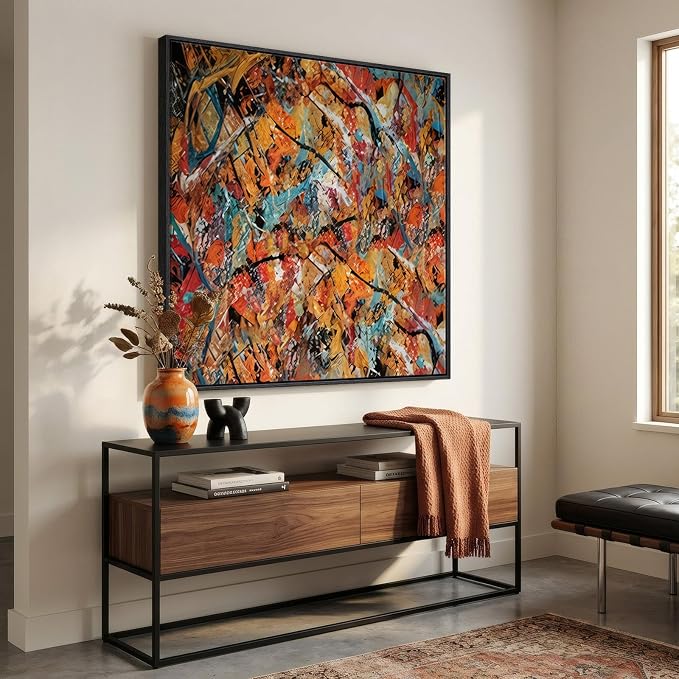Large Framed Colorful Abstract Wall Art for Living Room, Oversized Square Modern Canvas Prints Paintings for Walls, Contemporary Orange Blue Pictures for Dining Bedroom Hallway Wall Decor 40x40 In