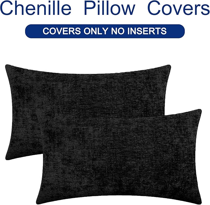 CaliTime Decorative Couch Throw Pillow Covers 26 X 16 Inches Black | Pack of 2, Cozy Chenille Cushion Cases for Sofa Bed Living Room Farmhouse Home