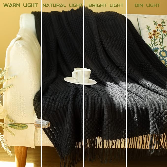 Blagic Soft Knitted Throw Blanket for Couch and Bed,Black,50"x60" | Lightweight and Cozy,Farmhouse Boho Blanket with Tassel,Decorative for Living Room,Gifts for Adults,All Season Use