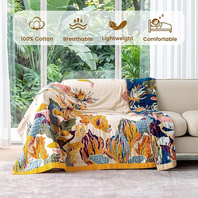 MSGKV Boho Throw Blanket 90"x90" Cotton Blanket for Bed, Queen Size Throw | Queen Size Cotton Throw, Bedroom Living Room Decor, Summer Blanket, Breathable Lightweight, Home Decorative, Machine Washable
