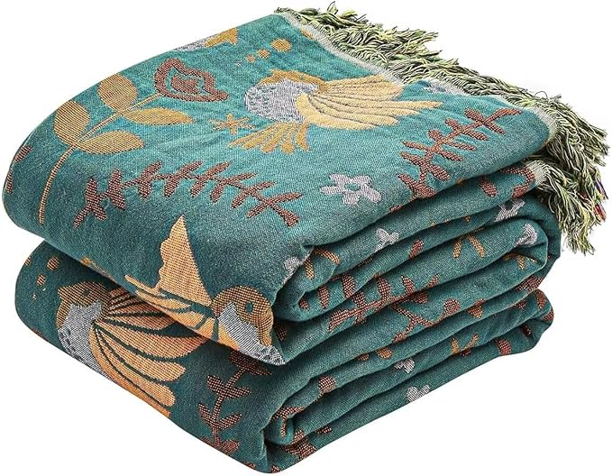 XIBLC Boho Throw Blanket, 100% Cotton Ultra Soft Luxury Throw Rustic Quilt, 60"x80" Floral Printed Farmhouse Decor Bed Summer Blankets, All Season Rustic Reversible Bohemian Throw for Bed - Blue