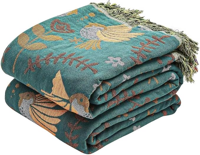 XIBLC Boho Throw Blanket, 100% Cotton Ultra Soft Luxury Throw Rustic Quilt, 80"x90" Floral Printed Farmhouse Decor Bed Summer Blankets, All Season Rustic Reversible Bohemian Throw for Bed - Blue
