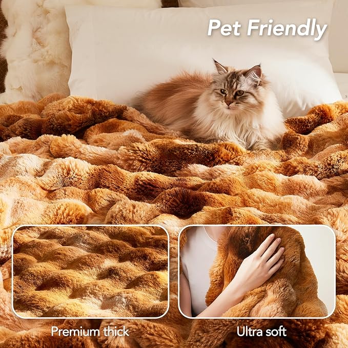 L'AGRATY Faux Fur Throw Blanket for Couch, 50''x60'' Tie-Dye Caramel Brown | Soft Cozy Bubble Fluffy Blanket for Sofa Bed, Thick Warm Plush Fuzzy Throw for Room Home Decor, Luxury Gift for Women Mom