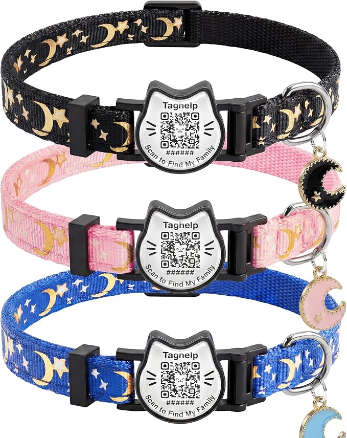 3-Pack， Cat Collars with smart id tag & Star and Moon， Breakaway Kitten Collar, Cute Kitty Collar, Pet Supplies Accessories(3-Pack, Collar Only)