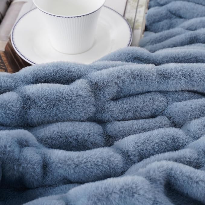 BATTILO Large Faux Fur Throw Blanket for Couch, 60"x80", Doube Side | Dusty Blue Throw Blanket, Super Soft Cozy Mink Warm Thick Faux Rabbit Fur Blanket For Bed, Sofa Living Room