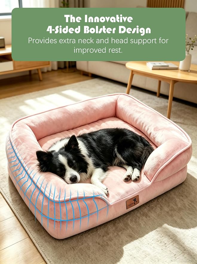Spotted Play Orthopedic Dog Bed with Sides - Sofa Beds for Large Dogs, Supportive Foam Pet Couch Bed with Washable Removable Cover, Waterproof Lining and Non-Slip Bottom, Pink - L