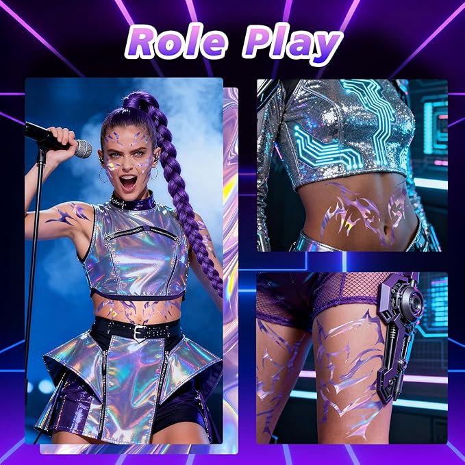 12 Sheets Cosplay Holographic Temporary Tattoos，Dance Fake Tattoos Stickers for Cosplay, Halloween, Music Festival, Dance Party Makeup, Fantasy Creature Design, Fantasy Theme Costume Accessories