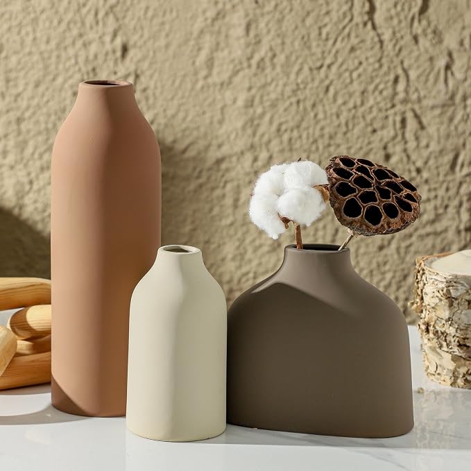 Enra Ceramic Vase Set of 3, Modern Minimalist Vases for Home Decor | Warm matte finishes in three sizes, perfect for pampas grass, dried stems, shelves, mantels and tabletop styling.
