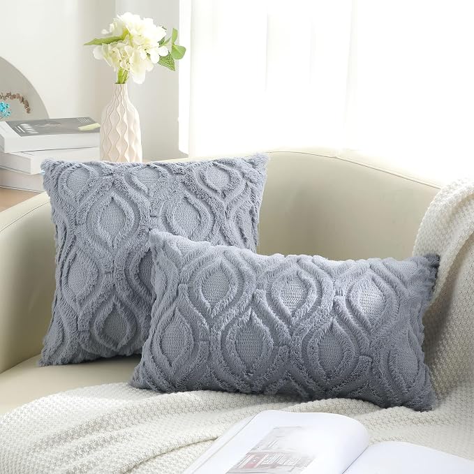 decorUhome Faux Fur Plush Soft Blue Grey Throw Pillow Covers 20x20 Set of 2 | Wool Solid Fall Couch Pillow Covers, Accent Modern Farmhouse Neutral Decorative Square Pillow Cases for Sofa Bed Living Room