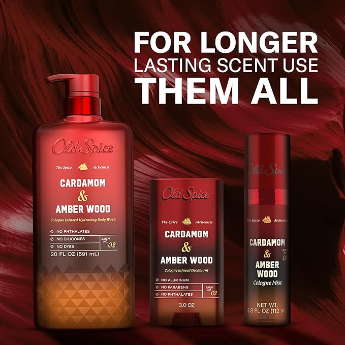 Old Spice Body Wash for Men, The Spice Alchemist Collection, 24/7 Cologne Infused Hydration, No Trade Off Formula, Free of Phthalates Silicones & Dyes, Cardamom + Amber Wood Scent, 20 oz