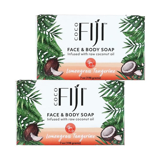 "Coco Fiji Soap Bar for Face and Body Infused With Organic Coconut Oil, Lemongrass Tangerine Essential Oil, Natural Soap for Moisturizing & Pore Purifying Skin, 7 oz, Pack Of 2 "