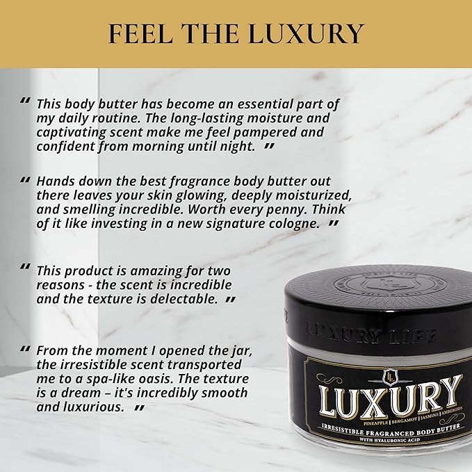 LUXURY LIFE Bed Butter - Scented, Luxurious Body Butter With All-Natural Hyaluronic Acid For Soft, Glowing, Hydrated Skin - For Men & Women - For All Skin Types - Warm Compliments Scent, 5 oz
