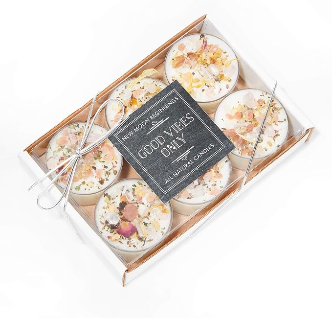 Good Vibes Only Candle by New Moon Beginnings - Negative Energy Cleansing - Soy Aromatherapy Candle - Handmade with Crystals & Herbs (6 Pack tealights)