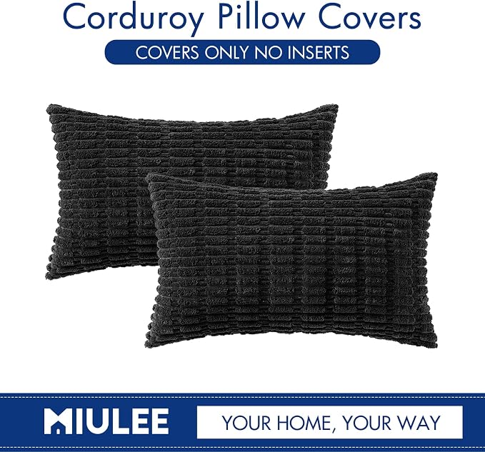 MIULEE Lumbar Corduroy Decorative Throw Pillow Covers 12x20 Black Pack of 2 | Soft Boho Striped Pillow Covers Modern Farmhouse Home Decor For Sofa Living Room Couch Bed