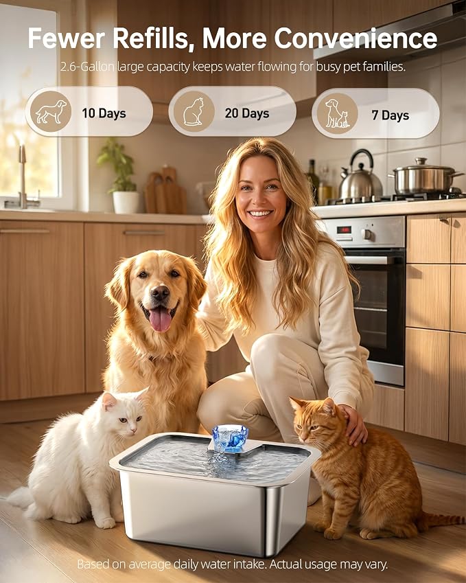 2.56Gal Large Dog Water Fountain Dispenser, 10L Stainless Steel Pet Fountain with 6 Filters, Corded Ultra Quiet Automatic Dog Water Bowl for Large and Multi-Pet Homes, 12 x 8.7 in Drinking Area