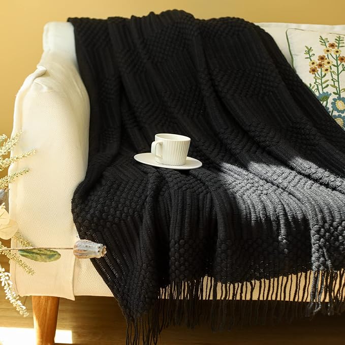 Blagic Soft Knitted Throw Blanket for Couch and Bed,Black,50"x60" | Lightweight and Cozy,Farmhouse Boho Blanket with Tassel,Decorative for Living Room,Gifts for Adults,All Season Use