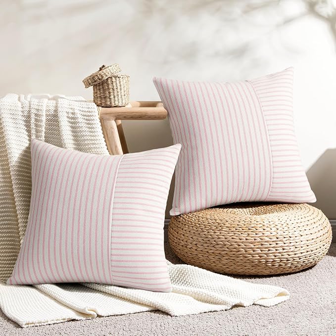 YCOLL Valentines Pillow Covers 22x22, Modern Accent Square Throw Pillow Covers Set of 2, Pink and Beige Striped Patchwork Linen Decorative Cushion Covers for Couch Chair Bedroom Home Decor