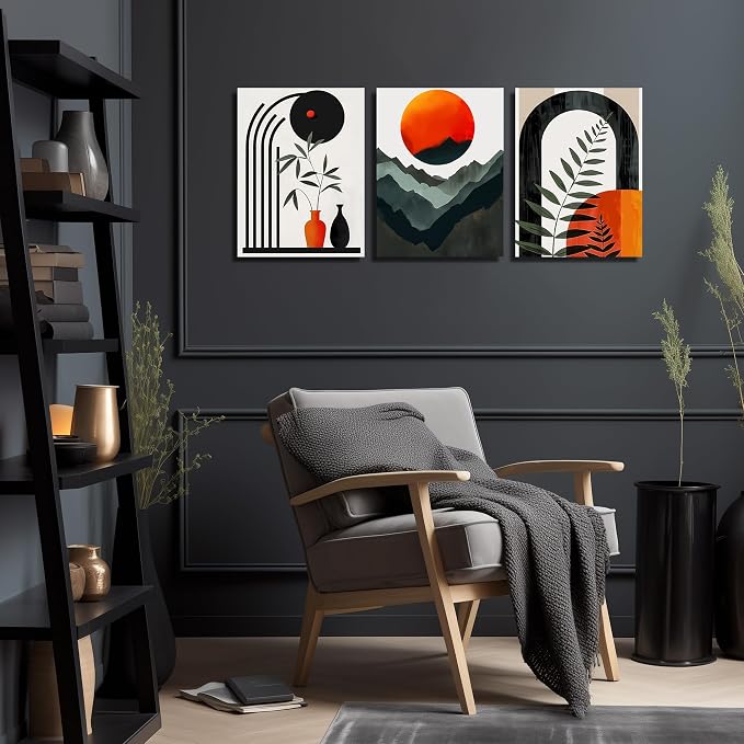 DNIEOTU Boho Wall Art for Living Room, Bohemian Canvas Wall-Decor for Bedroom, Mountian Moon and Geometric Shapes Picture Prints, Size 12 x 16 Inches 3-Pieces