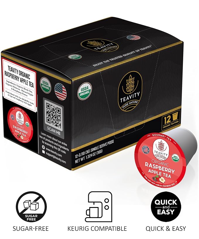 Organic Raspberry Apple Black Tea Pods for Keurig - Naturally Caffeinated Fruit Tea by Teavity (36 Tea Pods)