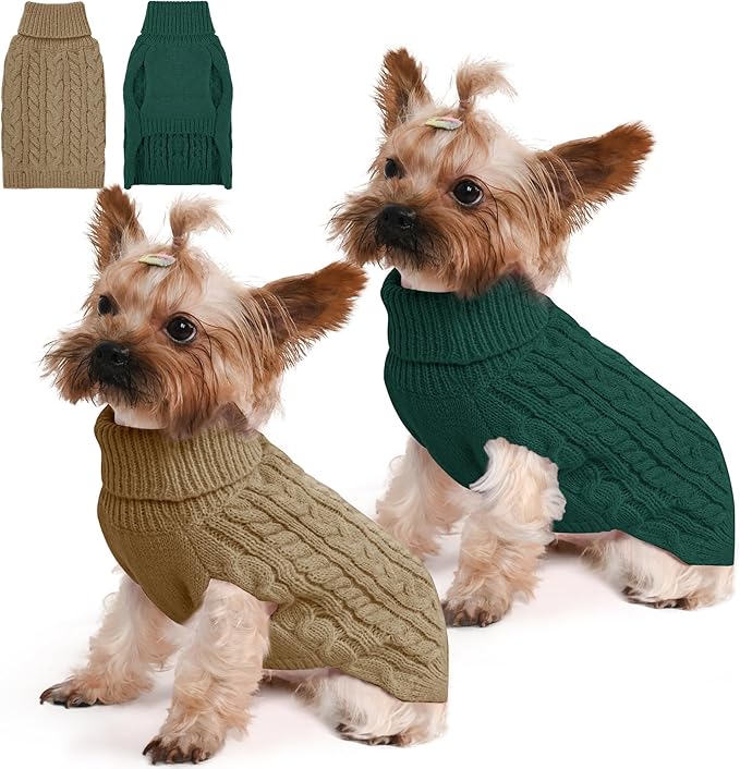 Dog Sweater 2 Pack for Small Dogs, Size XS, Green & Brown | Stretchy cable knit turtleneck, machine washable, high belly cut, comfy winter fit for Chihuahua, Yorkie