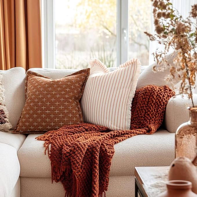 Fall Pillow Covers 24x24 Set of 2 Soft Polyester Textured Rust Pillow Covers with Stylish Flange Edge Cozy Farmhouse Throw Pillows for Couch Bed Sofa Living Room Fall Decor