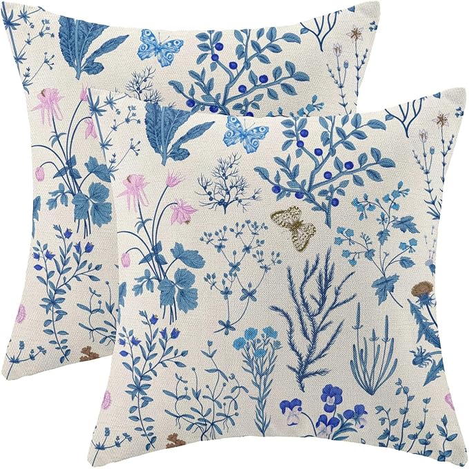 AEIOAE Summer Pillow Covers 20x20 Inch Set of 2,Blue Wild Flower Plant Throw Pillows Case,Seasonal Floral Outdoor Decorative Square Linen Farmhouse Decor Cushion Covers for Home Sofa Bed Couch