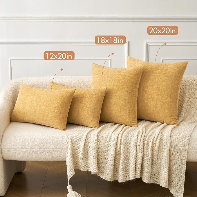 MIULEE Soft Chenille Lumbar Throw Pillow Covers Gold 12x20 Inch Pack of 2 | Modern Home Decor, Classic Decorative Pillows, Solid Dyed Cases, Boho Couch Cushion Covers for Sofa Bed Living Room