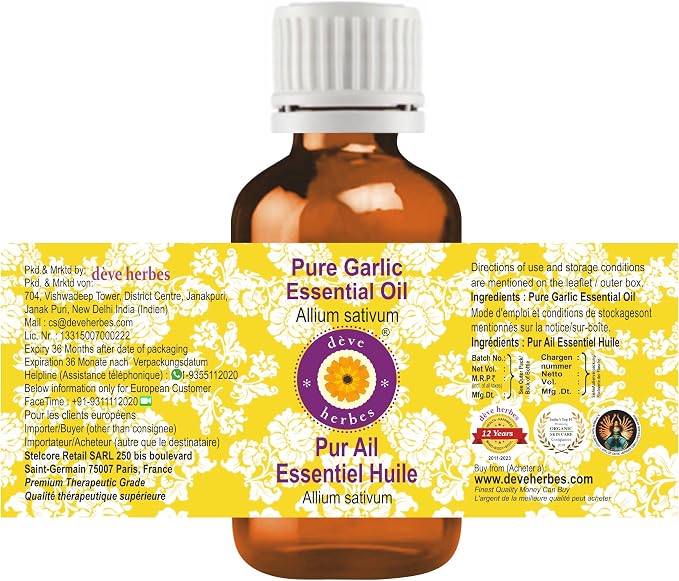 Deve Herbes Pure Garlic Essential Oil (Allium sativum) Steam Distilled 30ml (1 oz)
