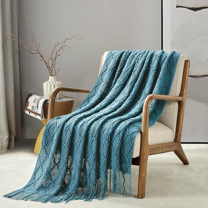 BOURINA Teal Throw Blanket 50 x70 Inch Jacquard Throw Knitted Blanket | Jacquard Argyle Throw Textured Solid Soft Throws and Blankets for Sofa or Bed Knitted Decorative Blanket