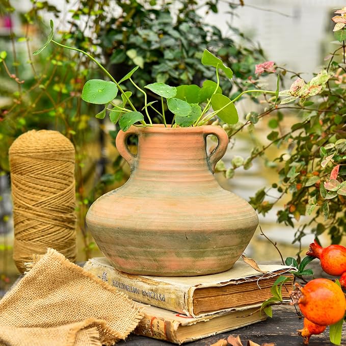 Sungmor Rustic Ceramic Flower Vase with Handles, 7 Inch Short Wide Body | Terracotta Plant Pots, Cement Textured Vases Home Decor, Indoor Fresh Flowers Planter, Dried Flower Arrangements