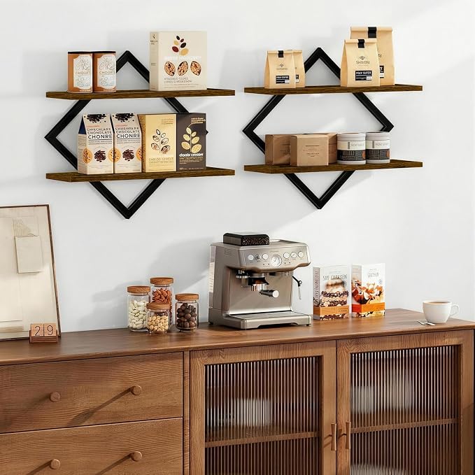 Floating Shelves for Wall, Set of 2 Wall Shelves, 2-Tier Hanging Shelve | Wood & Metal Wall Mounted Display Shelves, Decorative Wall Shelves for Living Room, Bedroom, Kitchen & Bathroom, Rustic Brown