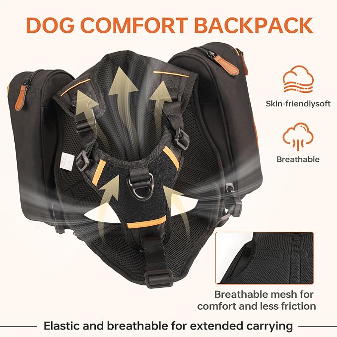 Dog Backpack for Medium & Large Dogs, Detachable Side Bags, Quick-Poop Bag Dispenser | No-Pull Adjustable Harness for Large-Chested Breeds | Non-Slip Handle for Hiking, Walking, Outdoor Adventures（L）